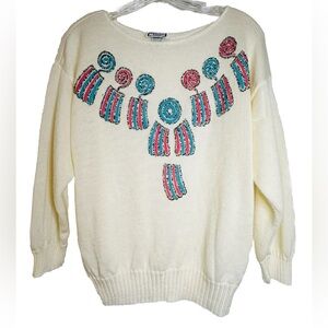 Vintage Kenneth Too‎ Ivory Aztec Pullover Sweater Turquoise Embellished Sz S/M